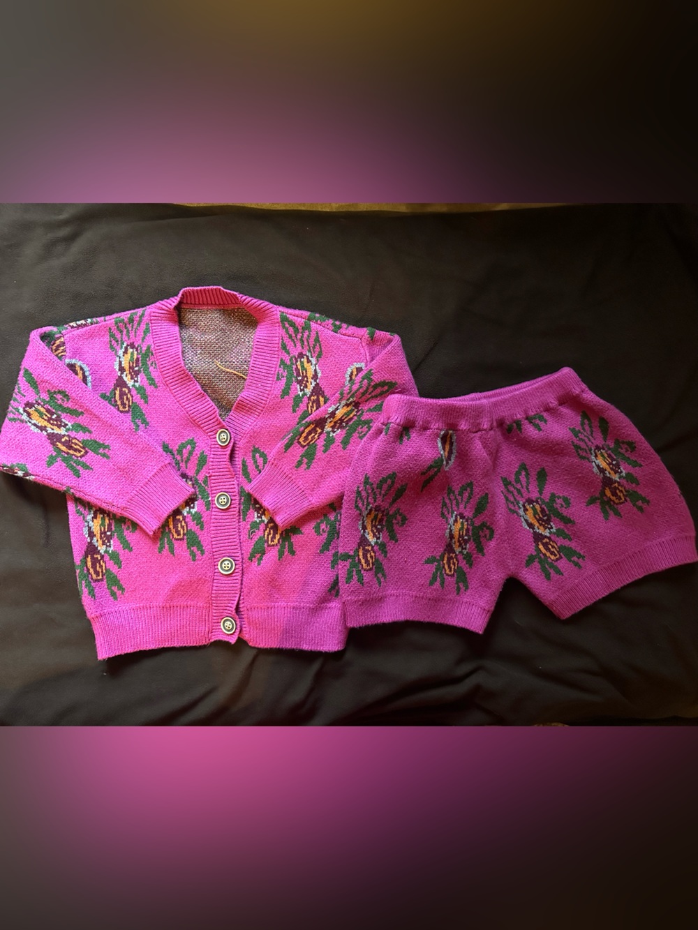 SHEIN Pink Floral Knit Cardigan and Skirt Matching Set